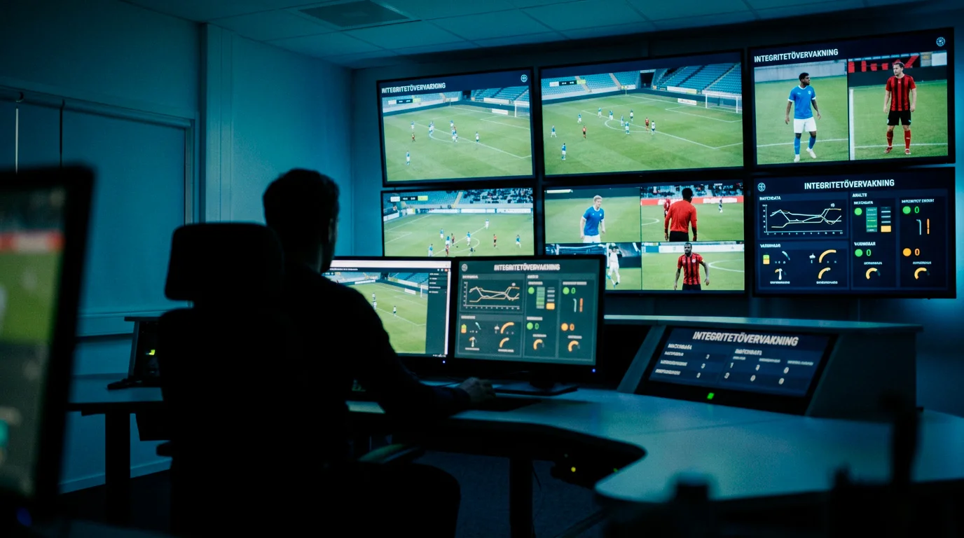 Övervakningsrum för matchintegritet med skärmar som visar live matchdata från fotbollsmatcher